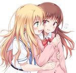  :d achiga_school_uniform blonde_hair blush brown_hair cardigan cheek-to-cheek flying_sweatdrops green_eyes hug hug_from_behind long_hair multiple_girls oohoshi_awai open_mouth pink_cardigan red_eyes saki saki_achiga-hen school_uniform serafuku shiraitodai_school_uniform smile suzushiro_yukari sweatdrop takakamo_shizuno yuri 