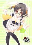  :o animal_ears black_hair black_legwear blush breasts brown_eyes bunny bunny_ears carrot detached_collar garter_straps glasses hair_ribbon hazumi_rio holding horizontal-striped_background large_breasts maid maid_headdress original ribbon solo striped striped_background thighhighs twintails vertical-striped_background vertical_stripes 