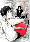  3boys alternate_costume black_hair blonde_hair brother brothers computer freckles guitar headphones instrument jewelry jolly_roger keyboard male male_focus monkey_d_luffy multiple_boys musical_instrument necklace one_piece open_collar portgas_d_ace poster record sabo_(one_piece) shueisha siblings sitting smile wachiko_(m8652) window 