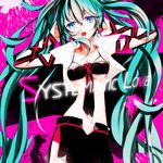  blue_eyes copyright_name green_hair hands_on_own_head hatsune_miku long_hair maclo necktie open_mouth skirt solo twintails very_long_hair vocaloid 