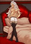  ass back bed black_legwear blush breasts dorohedoro from_behind full_body hair_censor hands_on_hips hide_(lindalindalinda) large_breasts long_hair muscle muscular_female noi_(dorohedoro) pillow shorts sideboob solo standing thighhighs topless undressing white_hair yellow_eyes 