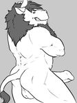  back balls beard biceps bovine braid cattle clenched_teeth erection facial_hair feline fur greyscale grin hair horn lion long_hair male mammal monochrome muscles nude penis solo teeth unknown_species 