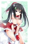  bare_shoulders black_eyes black_hair breasts christmas cleavage gloves hair_ornament hairclip hat highres kakao large_breasts long_hair looking_at_viewer original red_gloves santa_hat smile snowflakes solo twintails 