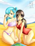  2girls beach bikini black_hair blue_hair breasts bulma chi chi-chi_(dragon_ball) chi_chi chichi cleavage db dbz dragon_ball dragonball_z highres milk multiple_girls navel open_mouth swimg_suit swimsuit 