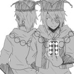  amaimonn back-to-back bad_id bad_pixiv_id bow bowtie card earrings eyepatch greyscale hat heart_no_kuni_no_alice holding holding_card jewelry joker_(kuni_no_alice) long_sleeves monochrome multiple_boys short_hair smile 