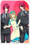  alice_liddell amaimonn apron bad_id bad_pixiv_id belt blonde_hair blue_eyes bow dress earrings eyepatch flower heart_no_kuni_no_alice holding_hands jewelry joker_(kuni_no_alice) long_hair necktie red_eyes red_hair rose short_hair smile 