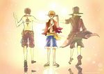  3boys belt black_hair blonde_hair boots brother brothers death hand_on_hat hand_on_headwear hat hat_over_eyes jacket jolly_roger knife lowres male male_focus monkey_d_luffy multiple_boys one_piece open_clothes open_shirt pirate portgas_d_ace red_shirt sabo_(one_piece) sandals sash scar sheath shirt shorts shueisha siblings straw_hat tattoo top_hat 