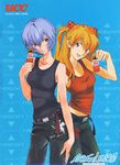  ayanami_rei belt blue_eyes breasts can evangelion:_3.0_you_can_(not)_redo hair_ornament highres holding honda_takeshi long_hair multiple_girls neon_genesis_evangelion non-web_source orange_hair product_placement rebuild_of_evangelion red_eyes scan shikinami_asuka_langley short_hair small_breasts smile souryuu_asuka_langley tank_top ucc_coffee 