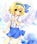  alice_margatroid alice_margatroid_(pc-98) angel_wings blonde_hair blue_eyes blue_hairband blush bow hair_bow hair_ornament hair_ribbon hairband ribbon short_hair skirt smile solo suspenders touhou touhou_(pc-98) umi_suzume wings 