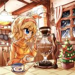  alice_margatroid alternate_costume blonde_hair blue_eyes blush breasts chair christmas_tree coffee_maker_(object) cup curtains eating fifiruu frying_pan hairband indoors leaf long_sleeves medium_breasts orange_shirt saucer shirt short_hair sitting snow snowing solo spoon star sweater table tareme teacup touhou upper_body vacuum_coffee_maker window winter 