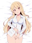  ahoge blonde_hair blush bottomless dress_shirt gagajya long_hair looking_at_viewer lying naked_shirt red_eyes sakura-sou_no_pet_na_kanojo shiina_mashiro shirt solo underwear 