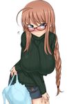  ahoge blue_eyes blush bra bra_removed breasts brown_hair glasses green_shirt highres huge_breasts komusou_(jinrikisha) long_hair looking_at_viewer miniskirt ooba_minori original red-framed_eyewear ribbed_sweater shirt skirt solo sweater turtleneck underwear 