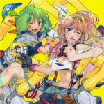  album_cover baseball_cap blonde_hair blue_eyes breasts costume cover earrings ebata_risa fang green_hair hat highres jewelry jumpsuit legs lipstick long_hair machinery macross macross_frontier makeup medium_breasts midriff multicolored_hair multiple_girls nail_gun navel official_art one_eye_closed open_mouth pink_lipstick ranka_lee red_eyes ribbon scan sheryl_nome source_request suspenders thumbs_up torn_clothes two-tone_hair wrench 