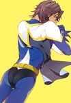  ass bad_id bad_pixiv_id brown_eyes brown_hair cape from_behind male_focus mamita simple_background skin_tight solo spandex superhero tiger_&amp;_bunny wild_tiger yellow_background 
