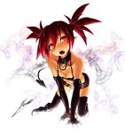  bangle bare_shoulders black_legwear blush boots bracelet collar collarbone demon_tail disgaea elbow_gloves etna etna_(artist) feathers gloves jewelry long_hair looking_at_viewer open_mouth pointy_ears red_eyes red_hair short_shorts shorts signature solo tail thighhighs twintails 