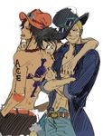  3boys belt black_hair blonde_hair brother brothers character_name chin_cord crossed_arms denim freckles fur_trim goggles goggles_on_hat hat hat_over_one_eye jeans jewelry jolly_roger male male_focus monkey_d_luffy multiple_boys muscle necklace one_piece open_clothes open_shirt pants pirate portgas_d_ace red_vest sabo_(one_piece) sad_face scar shirt shorts shueisha siblings smiley_face stampede_string tattoo time_paradox tongue top_hat topless vest 