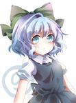  1girl bad_id bad_pixiv_id blue_dress blue_eyes blue_hair bow cirno dress hair_bow highres kuromame_(8gou) looking_at_viewer no_wings puffy_sleeves shirt short_hair short_sleeves simple_background solo touhou white_background 