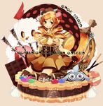  artist_name beret blonde_hair boots character_name charlotte_(madoka_magica) chocolate cookie copyright_name corset detached_sleeves drill_hair food fruit gun hair_ornament hat icing macaron madoka_runes magical_girl magical_musket mahou_shoujo_madoka_magica pleated_skirt pyotr_(madoka_magica) skirt soul_gem spoon strawberry thighhighs tomoe_mami touki80 weapon yellow_eyes 