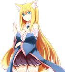  animal_ear_fluff animal_ears bare_shoulders blonde_hair blue_eyes blush breasts cleavage detached_sleeves fox_ears fox_tail futaba_aoi large_breasts long_hair naomi_(sekai_no_hate_no_kissaten) original pleated_skirt skirt smile solo tail thighhighs very_long_hair white_background 