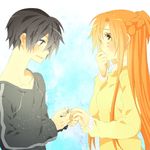  1girl asuna_(sao) black_eyes black_hair brown_eyes brown_hair couple halya hetero jewelry kirito long_hair ring short_hair sword_art_online tears 