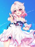  1girl :d bare_shoulders black_dress black_shorts blue_background blush brooch condensation_trail cowboy_shot detached_sleeves dress elsword gradient_hair hair_between_eyes highres jewelry laby_(elsword) looking_at_viewer multicolored_hair open_mouth outstretched_hand pink_eyes pink_hair sharp_teeth short_hair shorts sky smile solo teeth white_hair white_sleeves xes_(xes_5377) 