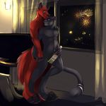  alcohol beverage biceps black_fur bottle claws cute fireworks fur gay green_eyes grey_fur hand_holding holidays hug male muscles new_year night no_swift nude pawpads pecs piercing purple_eyes red_fur romantic smile 