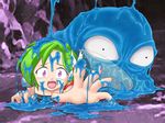  1girl camel_(dansen) card_quest female final_fantasy final_fantasy_iv green_hair hair_ornament hairpin leotard monster open_mouth pudding_(final_fantasy) purple_eyes rydia slime vore 