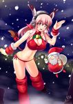  1girl :d animal_ears antlers beard bell bell_collar bikini blush breasts butter-t christmas collar eyebrows facial_hair headphones large_breasts leg_up long_hair looking_at_viewer navel nitroplus open_mouth pink_hair red_bikini red_eyes sack santa_claus smile snowing super_sonico swimsuit waving 