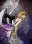  animal apron bad_id bad_pixiv_id black_cat blonde_hair blood bow braid candelabra candle cat dress dutch_angle expressionless fancybetty frills heterochromia highres looking_at_viewer looking_back majo_no_ie purple_dress sleeveless sleeveless_dress solo twin_braids viola_(majo_no_ie) 