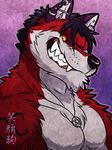  black_hair black_nose canine clenched_teeth ear_piercing fangs fur grin hair half-dressed looking_at_viewer male mammal muscles necklace pecs pentagram piercing portrait pose red_eyes red_fur sjego solo tattoo teeth topless wfa white_fur wolf yellow_eyes 