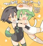  :3 :d android armband armpits artist_name bad_id bad_pixiv_id black_hair black_legwear blade_(galaxist) busou_shinki cat cat_tail covered_navel dog_tail doll_joints fang flat_chest gloves green_eyes green_hair hair_between_eyes hat howling_(busou_shinki) hug leotard looking_at_viewer maochao multiple_girls o_o open_mouth orange_background orange_eyes smile standing star tail thighhighs translation_request white_legwear 
