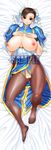  abs breasts breasts_outside brown_eyes brown_hair bun_cover china_dress chinese_clothes chun-li cleavage_cutout cosine crotchless_panties dakimakura double_bun dress earrings highres huge_breasts jewelry labia lying nipples on_back panties pantyhose pussy sample sash smile solo street_fighter thick_thighs thighs underwear 