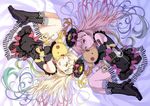  axe doll dress dual_persona elbow_gloves gloves gradient_hair hug kneehighs long_hair mayu_(vocaloid) multicolored_hair multiple_girls pairan piano_print smile stuffed_animal stuffed_bunny stuffed_toy usano_mimi vocaloid weapon yandere 