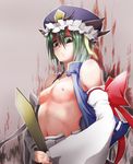  ark_ardjet_zoe bad_id bad_pixiv_id bare_shoulders breasts collarbone commentary green_eyes green_hair hat highres midriff navel nipples open_clothes open_shirt rod_of_remorse shiki_eiki shirt short_hair small_breasts solo touhou 