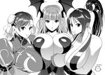  bare_shoulders breast_hold breast_press breasts bun_cover china_dress chinese_clothes chun-li cleavage cosine demon_girl double_bun dress earrings fatal_fury greyscale hair_ribbon head_wings huge_breasts jewelry long_hair monochrome morrigan_aensland multiple_girls ponytail ribbon shiranui_mai short_hair sideboob street_fighter succubus the_king_of_fighters vampire_(game) 