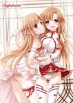 :d asuna_(sao) bare_shoulders blush braid brown_eyes brown_hair cover cover_page detached_sleeves dual_persona ear_covers elf long_hair looking_at_viewer multiple_girls nakajima_yuka open_mouth panties pointy_ears smile sword_art_online thigh_strap thighhighs titania_(sao) underwear white_legwear white_panties 