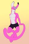  anthro biceps black_nose boxers bulge clothed clothing fur grey_hair hair half-dressed lagomorph looking_at_viewer male mammal muscles no_swift pecs pink_fur pose purple_hair rabbit red_eyes sitting smile solo tongue topless underwear white_fur 