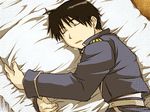  amestris_military_uniform black_hair drooling fullmetal_alchemist kirou_ran lowres male_focus military military_uniform pillow pillow_hug roy_mustang sleeping solo texture uniform 