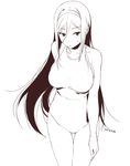  breasts dated hair_between_eyes hairband hand_on_thigh hyouka irisu_fuyumi large_breasts lineart long_hair monochrome one-piece_swimsuit sasamori_tomoe solo sweat swimsuit thigh_gap very_long_hair 