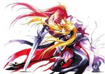  armor axe bardiche belt blonde_hair cape fate_testarossa fingerless_gloves gloves hair_ribbon hayasehashiba levantine long_hair long_sleeves lyrical_nanoha mahou_shoujo_lyrical_nanoha mahou_shoujo_lyrical_nanoha_a's multiple_girls pink_hair ponytail puffy_sleeves ribbon signum skirt sword thighhighs twintails very_long_hair weapon white_background 