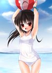  :d ahoge armpits arms_up ball beachball black_hair blush cloud covered_navel day doburoku_(daiginjou) heart holding holding_ball houjuu_nue long_hair no_wings one-piece_swimsuit open_mouth outdoors red_eyes school_swimsuit sky smile solo swimsuit touhou white_swimsuit 