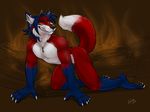  anthro biceps black_nose blue_fur blue_hair canine claws clenched_teeth fangs fox fur grin hair key kneeling kyma looking_at_viewer male mammal muscles necklace nude pecs piercing pose red_eyes red_fur sjego smile solo teeth toe_claws white_fur yellow_eyes 