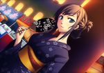  bad_id bad_pixiv_id blue_eyes brown_hair dutch_angle fan highres holding japanese_clothes kimono kooribata lantern looking_at_viewer original paper_fan paper_lantern short_hair smile solo uchiwa yukata yumemizuki 