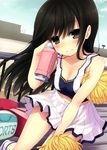  absurdres bare_shoulders black_eyes black_hair blush bottle breasts cheerleader cleavage collarbone highres huge_filesize long_hair looking_at_viewer medium_breasts midriff minamura_haruki navel original pom_poms scan skirt smile socks solo sweat water_bottle white_legwear 