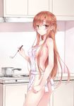  apron asuna_(sao) bad_id bad_pixiv_id blush breasts brown_eyes brown_hair cowboy_shot hiten_(hitenkei) holding ladle long_hair looking_at_viewer medium_breasts naked_apron solo sword_art_online twisted_torso 