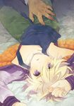  blonde_hair ivan_karelin jacket kamura_karo male_focus on_bed purple_eyes purple_jacket tank_top tiger_&amp;_bunny 