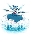  :d ahoge ascot bati15 blue_eyes blue_hair bow cirno dress hair_bow ice ice_wings open_mouth outstretched_arm short_hair smile solo touhou white_legwear wings 