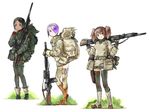  backpack bad_id bad_pixiv_id bag black_hair boots coh commentary dark_skin fm_24/29 france gloves green_legwear gun hair_over_one_eye hairband highres machine_gun mars_expedition military military_uniform miniskirt multiple_girls over_shoulder pouch purple_hair short_twintails skirt thighhighs twintails uniform weapon weapon_over_shoulder 