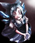  ark_ardjet_zoe bad_id bad_pixiv_id blue_hair bow cirno commentary frog from_above frozen frozen_frog hair_bow highres horror_(theme) looking_at_viewer looking_up puffy_short_sleeves puffy_sleeves red_eyes short_hair short_sleeves smile solo touhou wings 