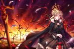  artoria_pendragon_(all) black_dress blonde_hair braid breasts cape cleavage corset crown dark_excalibur dress fate/stay_night fate_(series) field_of_blades frills fur_cape hair_ribbon hand_on_hilt hands_on_hilt medium_breasts planted_sword planted_weapon ribbon saber_alter short_hair solo sword tidsean weapon yellow_eyes 